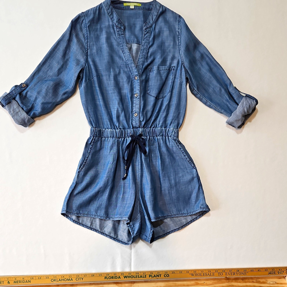 Gianni Bini XS Blue Tencel Chambray Romper Roll Tab 3/4 Sleeve Pockets